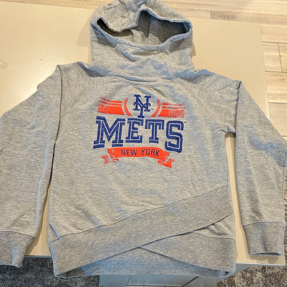 MLB NY Mets Girls Gray Hoodie with Blue and Orange glitter Accents.
